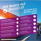 "Die Marco Polo Bucketlist: Das musst du in Warschau erlebt haben." 
10 Punkte von "Den Königsweg erkunden" bis "Wodka-Cocktails mixen." 
Person auf Fahrrad.