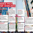 "MARCO POLO TOP-HIGHLIGHTS" in weiß auf rotem Hintergrund. Textboxen beschreiben Orte in Tokio, Japan mit Tipps und Seitenzahlen.