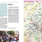Text: Bogotá. Achtung! Diese „urbane Bombe“, in deren Sogbereich sich jede fünfte Kolumbianer befindet, ist sowohl modern als auch traditionell.  
Links: Beschreibung von Bogotá.
Rechts: Karte der Stadt mit wichtigen Orten.