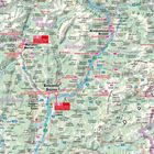 Karte mit Orten: Meran, Bozen, Brixen; Flüsse, Berge und Autobahnen. Vielzahl von Wanderwegen und Sehenswürdigkeiten.
