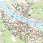 Stadtkarte mit markanten Punkten: Salzach-Fluss, Kapuzinerberg, Domplatz, Mozarts Geburtshaus, Festspielbezirk. Wege und Straßen eingezeichnet.