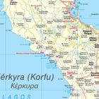 Kérkyra (Korfu), mit Ortsnamen und Wanderwegen. Karte von Korfu mit detaillierten geographischen Angaben und Sehenswürdigkeiten.
