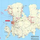 Karte von Mykonos mit Routen und Ortsnamen. Enthält Linien für Fähren und Straßen, sowie einen Hinweis auf eine Detailkarte.