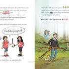 Links: Zwei Kinder, Pferd. Text: „Ein Meerjungstock“. Rechts: Erwachsener mit Baum, Kinder, Hund. Frau mit Fernglas.