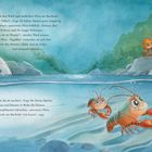 Text: Eine kleine Spinne und Miro sprechen über nachtaktive Flusskrebse. Eine Illustration zeigt einen Krebs unter Wasser und Figuren am Ufer.