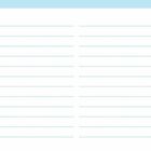 "Notizen" steht vertikal auf lila Streifen. Illustration eines Monitors und eines Notizbuchs mit Kabel. Linierte Seiten.