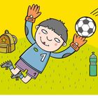 Text: "14 fängt". Illustration: Kind mit Mütze, ein Hund; Hintergrund mit grünen Punkten.