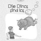 "Die Dinos sind los! Finde den richtigen Weg!" Ein Junge steht einem dampfenden Triceratops gegenüber.
