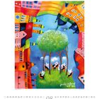 Logo "jusch seifried 2005 OHE". Buntes Gemälde: Personen unter Bäumen, lesen Zeitungen. Gebäude neigen sich farbenfroh.