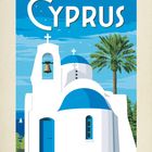 Text: "Cyprus", unten sind die Zahlen 01 bis 31, wobei "08" hervorgehoben ist. Illustration: Weiße Kirche mit blauer Kuppel, Palme.