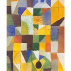 08 August. Abstrakte Komposition aus bunten Formen und Farben, hauptsächlich in Gelb, Blau und Grün.