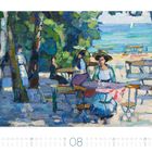 Augustkalenderblatt mit Impressionistengemälde: Frauen im Café, bunte Bäume, Meer im Hintergrund.