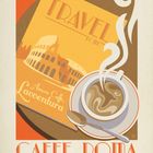 Reiseplakat für Rom mit Colosseum, dampfende Kaffeetasse, Löffel, und Kalender. Text: "Caffe Roma", "TRAVEL", "Amore Caffè Lavventura".