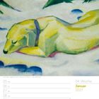 04. Woche, Januar 2027. Illustration eines gelben Hundes im Schnee, umgeben von Bäumen, vereinfacht und farbenfroh.