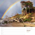 04. Woche Januar 2027. Kalenderseite mit Foto eines Regenbogens über einer Küstenlandschaft.