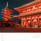 Kalender; 25–31 Januar; 04. Woche. Senso-ji Tempel in Tokio bei Nacht, leuchtend rot und goldene Pagode.