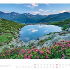 "08. Bergsee mit Rhododendron im Blick auf die Benediktenwand". Ein klarer Bergsee mit blühenden Rhododendron und Bergkulisse.