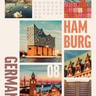 Kalender mit Monatszahlen, "HAMBURG", "GERMANY", "08". Verschiedene städtische Szenen und Sehenswürdigkeiten.