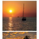 Kalender August: Drei Sonnenuntergänge, Palmen, Segelboot. Daten des Monats unten.