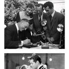 Clark Gable, August Kalenderblatt. Drei Schwarz-Weiß-Aufnahmen von Menschen in formeller Kleidung.