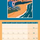 Illustration mit "MIAMI Florida" in großen Buchstaben, Strandkulisse mit Palmen und Skyline im Hintergrund. Kalender darunter.