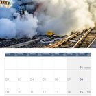 Kalender für August 2027. Oben eine schwarze Dampflokomotive mit viel Rauch, die auf Schienen fährt. 