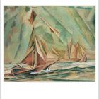 August. Eine kubistische Darstellung von Segelbooten auf dem Meer, gezeichnet mit geometrischen Formen und sanften Farben.