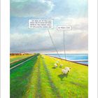 Zwei Sprechblasen: „...UND DANN HAT DIE MÖWE NOCH GESAGT, DASS ES [...] GIBT!“ und „DIE MÖWEN LÜGEN.“ Eine Illustration von Schafen auf einem Deich.