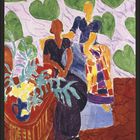 August. Zwei stilisierte Menschen sitzen vor herzförmigen Blättern. Bunte, kontrastreiche Farben und kräftige Formen.