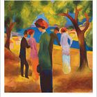 August Macke 1887–1914, „Dame in grüner Jacke“, 1913. Malerei: Menschen und Bäume in leuchtenden Farben.