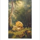 Carl Spitzweg, Der Maler im Walde. Ein Mann liegt entspannt mit einem Sonnenschirm im Wald. Kunstwerke und Staffelei neben ihm.