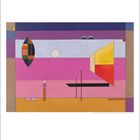 Text: Zahlen von 1 bis 31, Name: Wassily Kandinsky, Gelbe Formen und geometrische Strukturen auf rosa bis violettem Hintergrund.