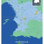 „Marseille, France“ steht groß darunter. Karte zeigt Marseille mit Meer, Küstenlinie, Hauptstraßen und Parks. Standortmarkierung auf Frankreich.