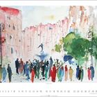 Nummer 8, „Sonntag in Danzig“. Eine Aquarellmalerei zeigt Menschen vor einem Brunnen und roten Gebäuden.
