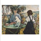 Illustration eines Mädchens am Tisch mit einer Katze. Ein weiteres Mädchen steht daneben. Unten Kalender mit August.