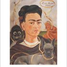 Frida Kahlo, 1945. Ein Selbstporträt mit einem Affen und einem Hund; bunte Bänder umrahmen die Szene.