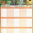 August 2027 in geschwungener Schrift. Kalender mit einem roten Kardinalvogel auf einem Holzzaun, umgeben von Blumen.