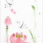 08, Kalender mit August-Daten. Aquarellillustration: Libellen, rosa Blüten, grüne Stängel. Chinesische Schriftzeichen.