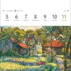 Text: Juli, 27. Woche, 21.6.–22.7., 5–11 Montag bis Sonntag, 10.7. Mondphase. 
Illustration: Sommergarten mit blühenden Blumen.