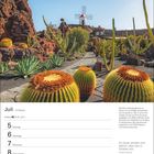 Juli-Kalender mit Kakteengarten auf Lanzarote, Windmühle im Hintergrund. Zitat von Rudyard Kipling rechts unten.