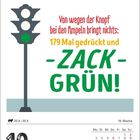 Text: "Von wegen der Knopf bei den Ampeln bringt nichts: 179 Mal gedrückt und ZACK - GRÜN!" Illustration: Ampel mit grünem Licht. Datum: 10. Mai.