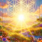 „SONNENKRAFT. Feiere das Licht.“ Sonnenstrahlen über blühenden Feldern, Himmel leicht bewölkt.