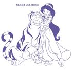 „Radscha und Jasmin“ steht oben. Eine Prinzessin umarmt einen Tiger in einer stilisierten Illustration.