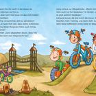Text erzählt von einem Abenteuer in einer Arena. Illustrationen zeigen Kinder auf Fahrrädern in einer fröhlichen, hügeligen Szene.