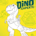"DINOSTARK! Male das Bild von Rex und Timmy aus. DINO EXPERTE." Große Zeichnung eines Dinosauriers mit einem Jungen auf seinem Rücken.