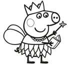 Eine Cartoon-Figur mit Krone, Flügeln, Zauberstab und Buch, fröhlich lächelnd, im Prinzessinnen-Outfit.