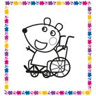 Ein fröhliches Tier in einem Rollstuhl, umrahmt von bunten Blumen und Blättern.