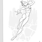 Gwen Stacy als Ghost-Spider in einer dynamischen Pose vor einer stilisierten Stadtkulisse.