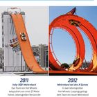 "Hot Wheels im Laufe der Jahre". Links: 2011 Rekord mit 27m Rampe. Rechts: 2012 Double Loop Stunt Rekord.