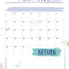 Kalender mit "MEIN MONAT" oben, darunter ein Raster mit Datumszahlen. Unten rechts "NOTIZEN". Pastellfarbene Gestaltung.